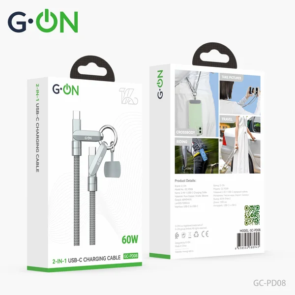 Кабель G-ON GC-PD08 2 in 1 Type-C/Type-C 60W (тканевый) 1.2m чёрный